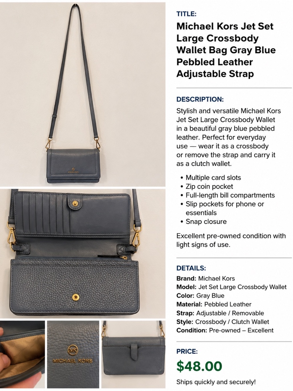 Michael Kors Gray-Blue Jet Set Large Crossbody Wallet Bag